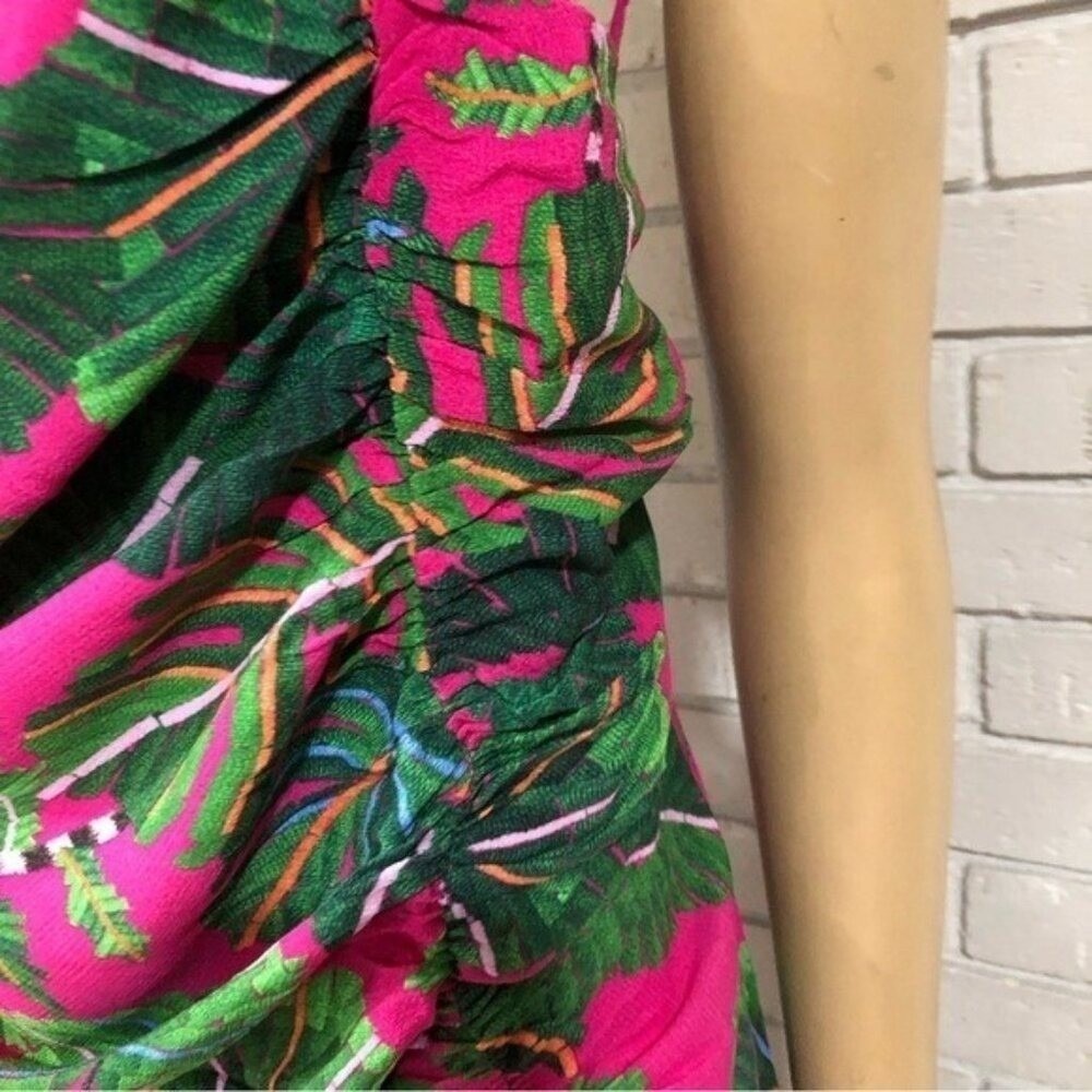 Farm Rio Pink Tropical Palm Leaf Print Ruched Side Spaghetti Strap Maxi Dress - Picture 9 of 10